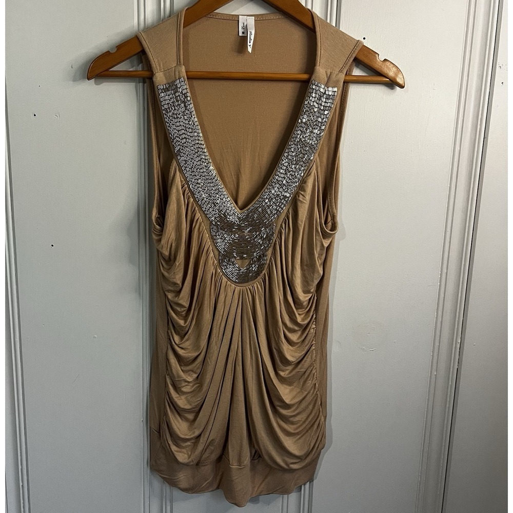 Studio Y Beige Tank Top Women's M Beaded Neckline Y2K Embellished 2000s Retro